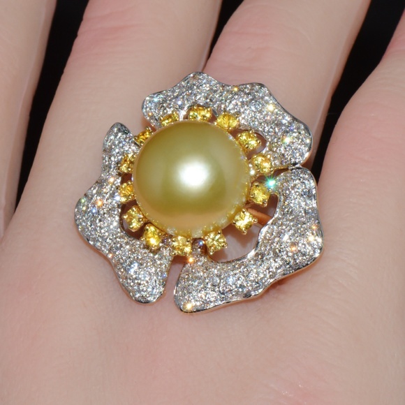 CERTIFIED NATURAL 26CTS VS F DIAMOND 15MM SOUTH SEA PEARL SAPPHIRE 18K GOLD RING - Picture 1 of 14